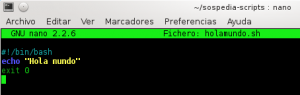 Editor nano, con el contenido del script holamundo.sh