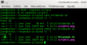Detalle de los comandos utilizados, en particular chmod y ls para que veáis el bit "x" de execution